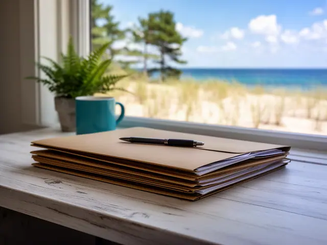A neat stack of closed manila folders and a pen on a desk by a window.