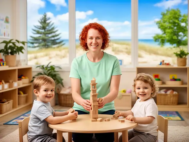 A child-care owner building a block tower with two small children.