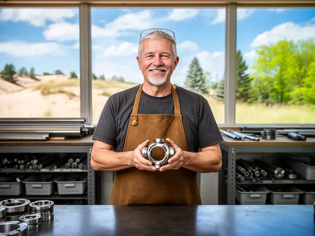 A machinist holding a machined steel part at a workbench.