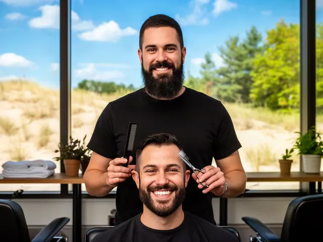 A barber trimming a smiling client's beard in a bright barbershop.